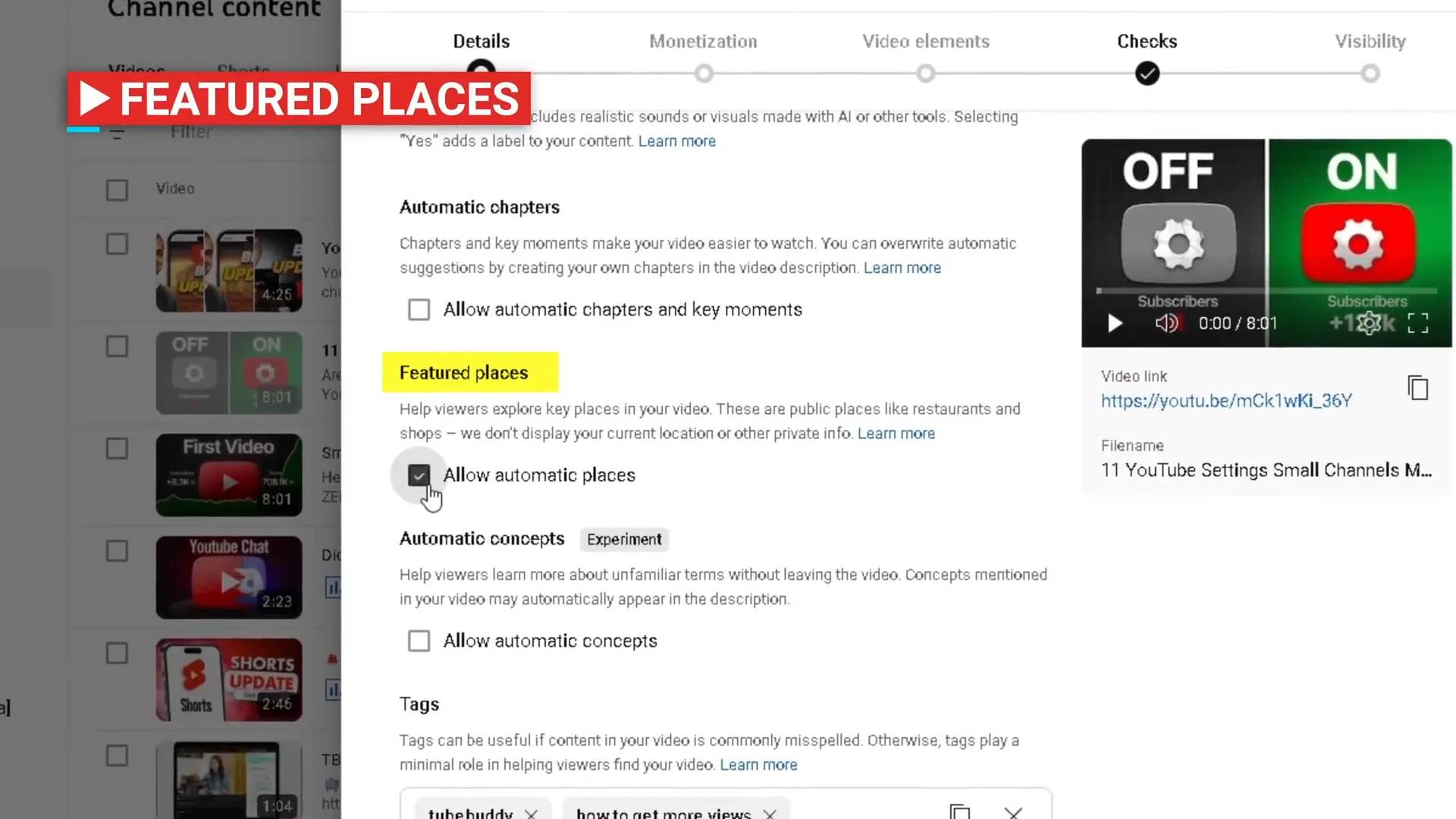 YouTube featured places and automatic concepts settings
