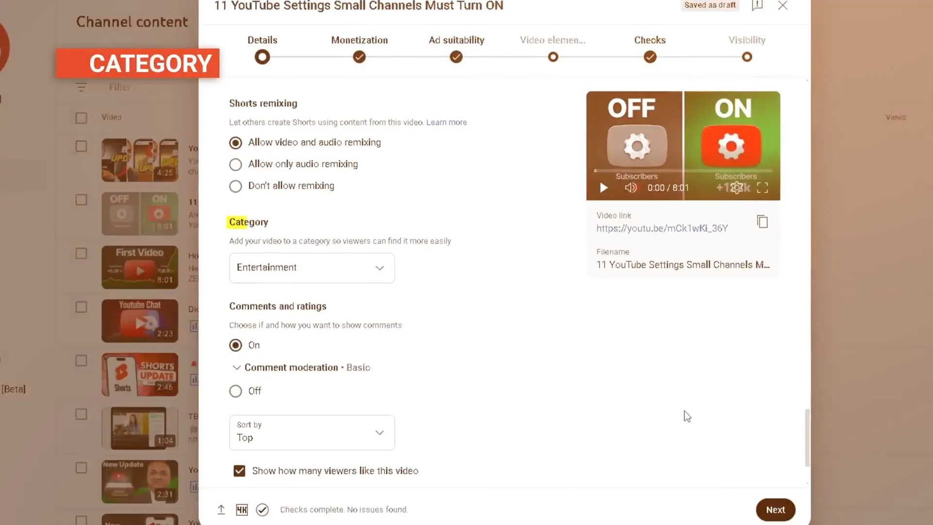 YouTube category and comments settings