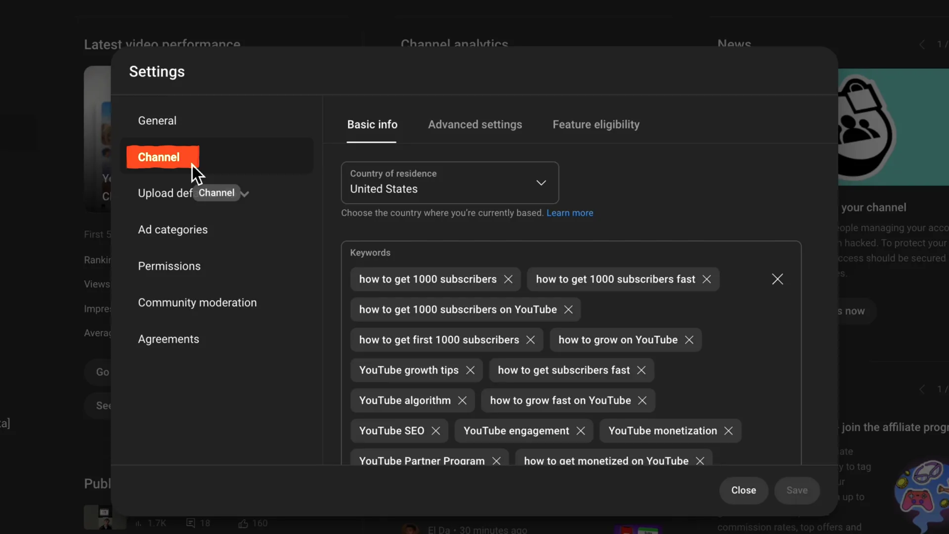 Adding channel keywords in YouTube Studio settings
