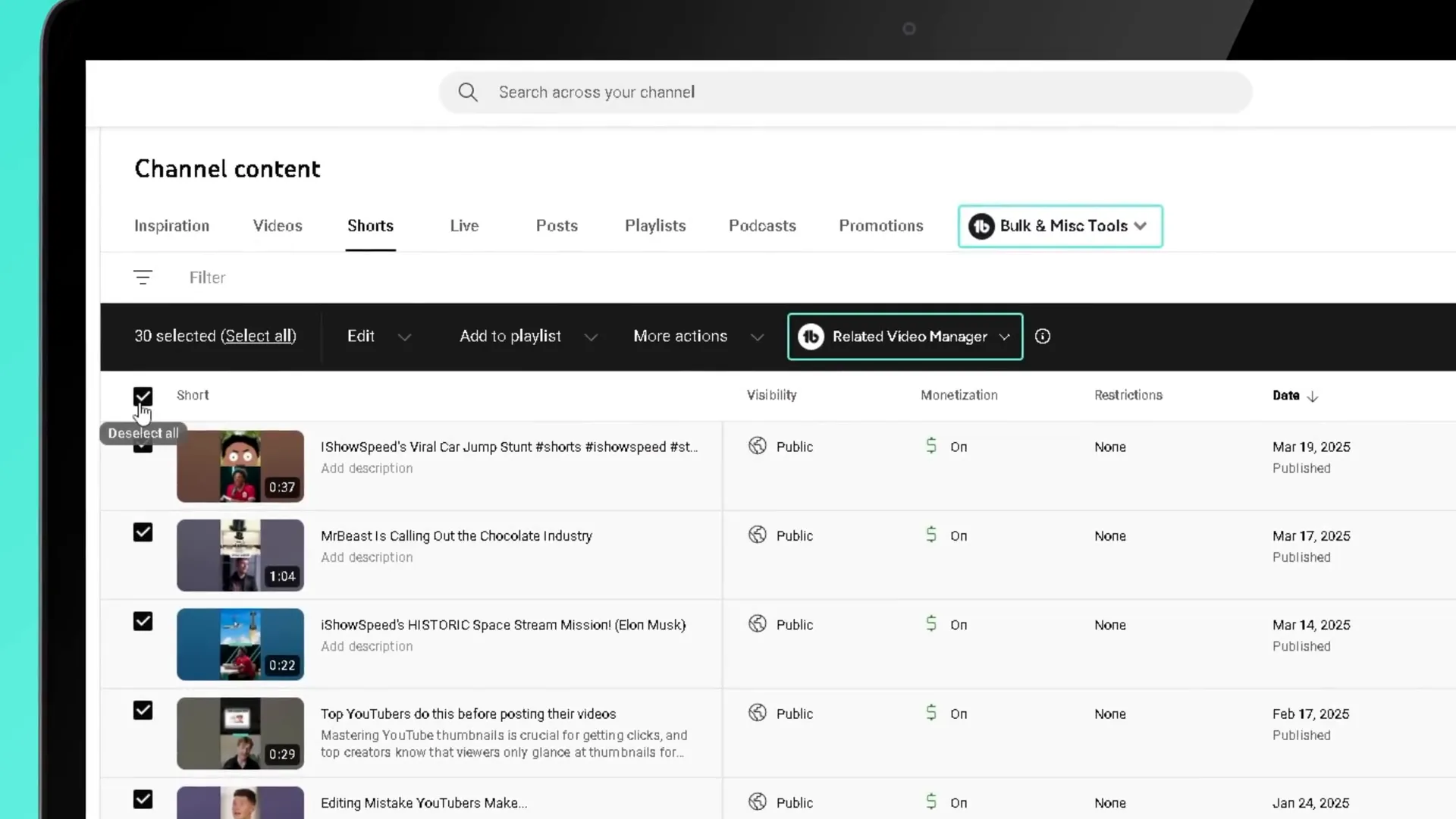 TubeBuddy Related Video Manager bulk updating Shorts links