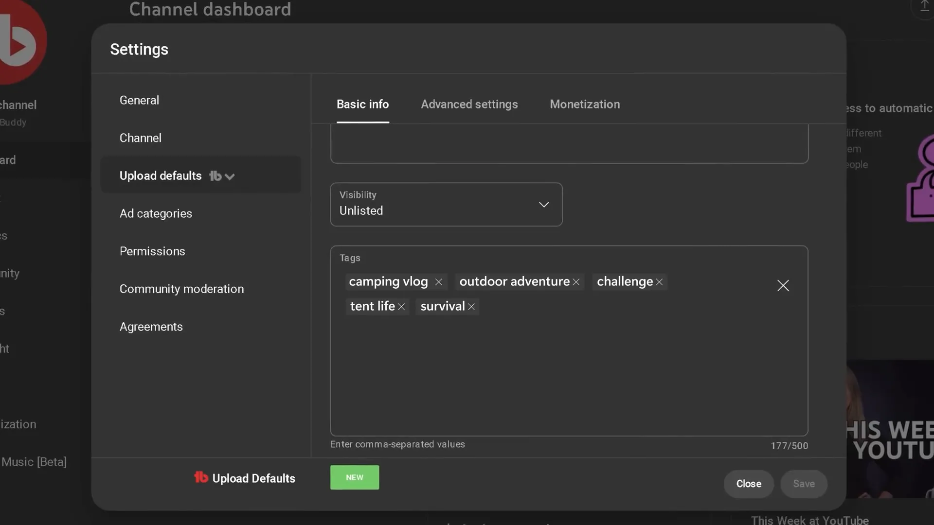Adding default tags in YouTube Studio upload defaults
