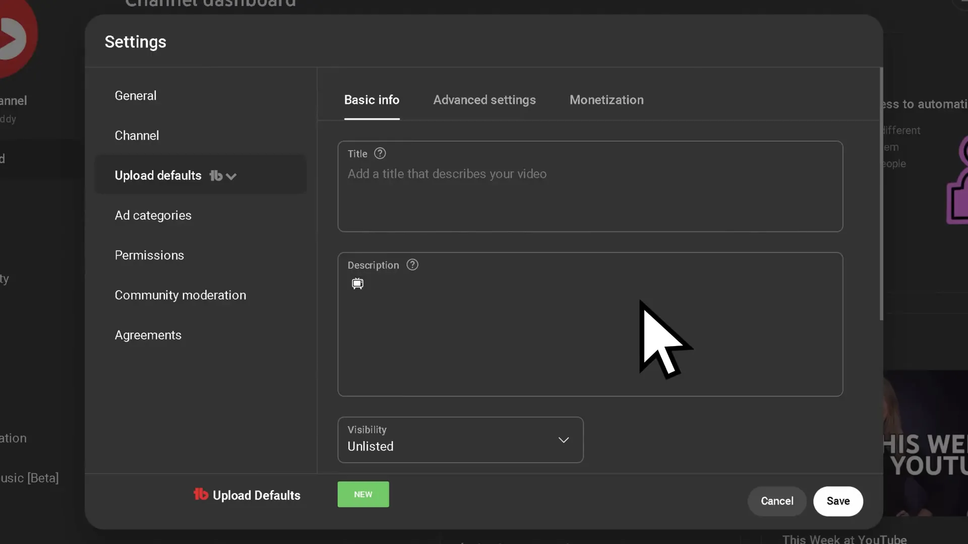 Setting upload default description in YouTube Studio