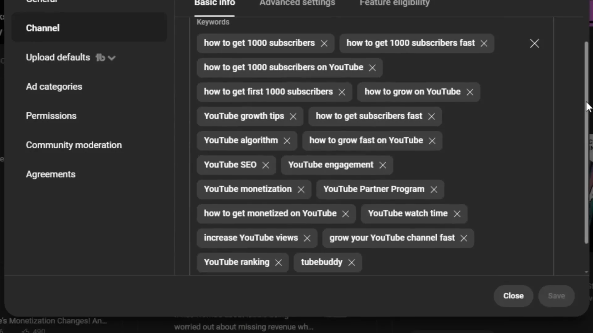 Adding channel keywords in YouTube Studio settings - a YouTube algorithm hack