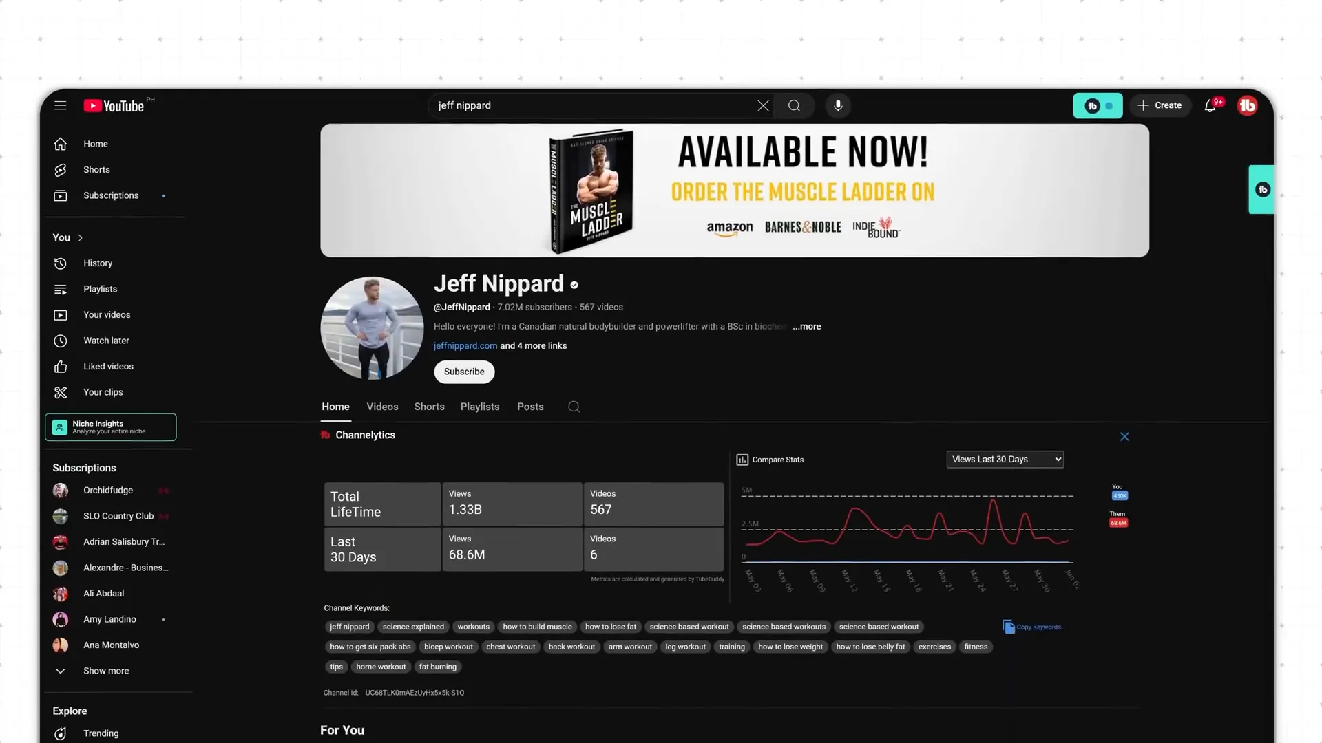 TubeBuddy extension showing competitor channel keywords