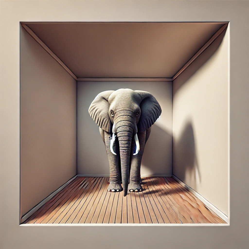 An AI generated image of an elephant in an otherwise empty room. Prompt used to generate image: [create a square image where the outside of the frame is the walls of a room giving a forced perspective 3D effect with an elephant in the room taking up most of the available space in a realistic graphic render style]