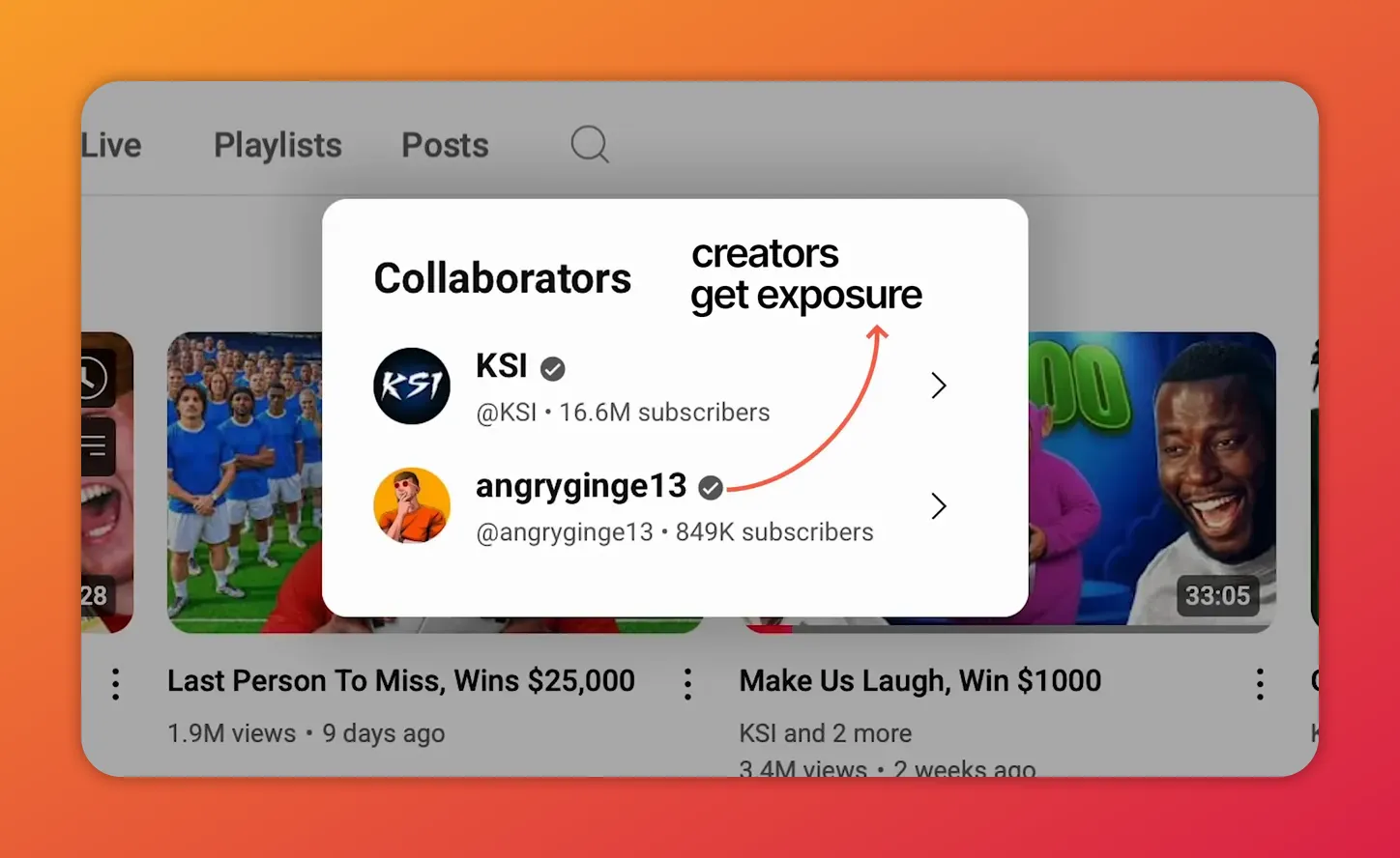 YouTube collaborators popup overlay showing two channel icons and subscriber counts to illustrate cross-channel exposure