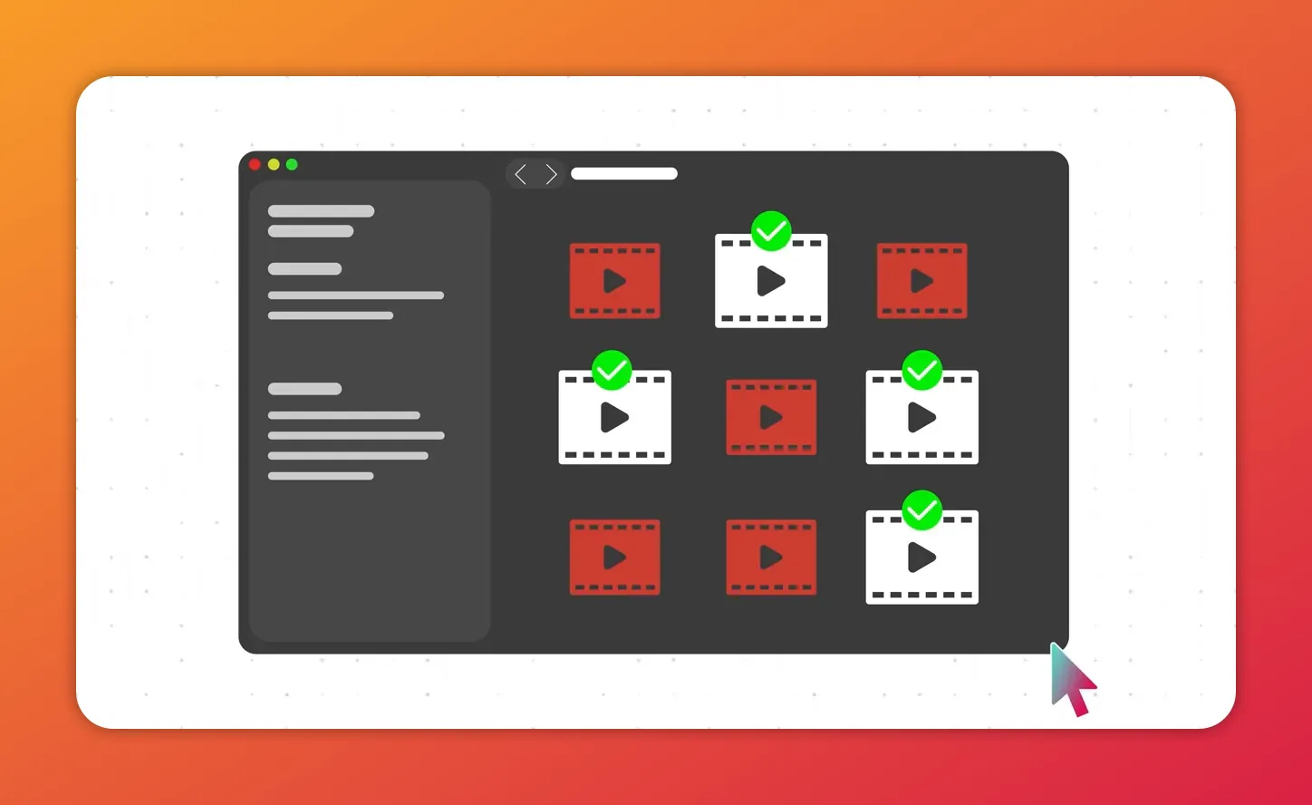 Dark YouTube Studio style interface with video thumbnails; some are red (flagged) and several have green check marks indicating approval.