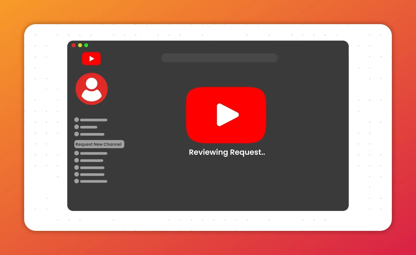YouTube review screen on a dark dashboard stating 'Reviewing Request…'