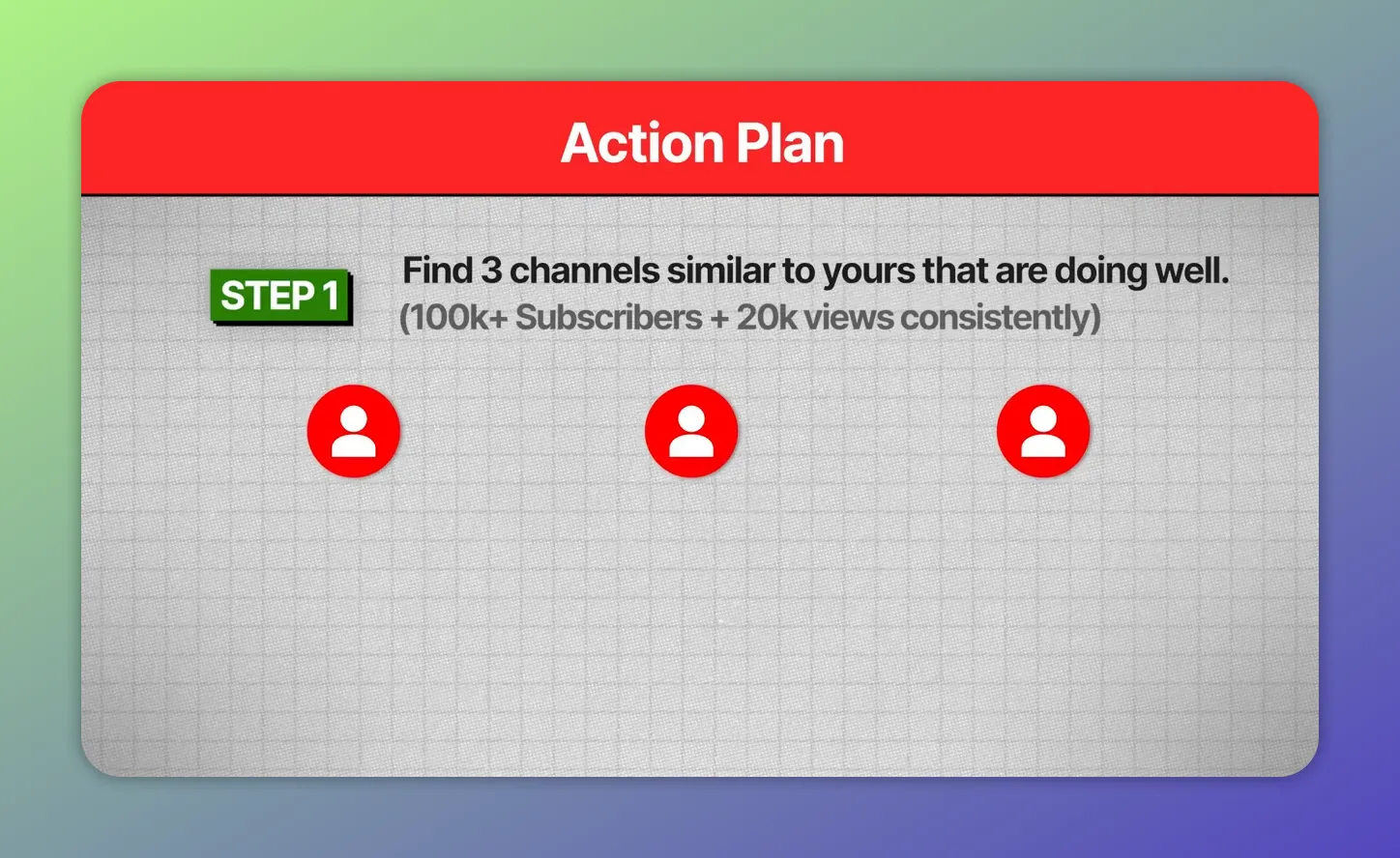 Action Plan slide reading 'Find 3 channels similar to yours that are doing well. (100k+ Subscribers + 20k views consistently)' with three red user icons on a clean grid background.
